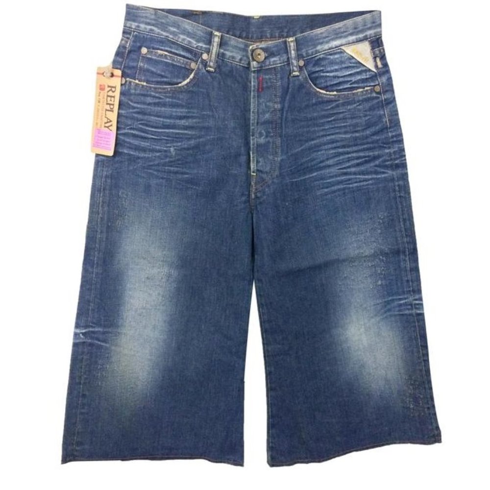 Replay women's size 28 extra baggy button fly crinkled raw hem capri crop jeans